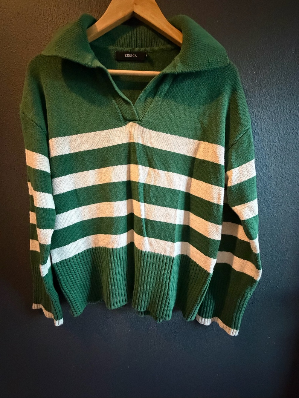 Zesica Green & White Striped Polo-Style Knit Sweater